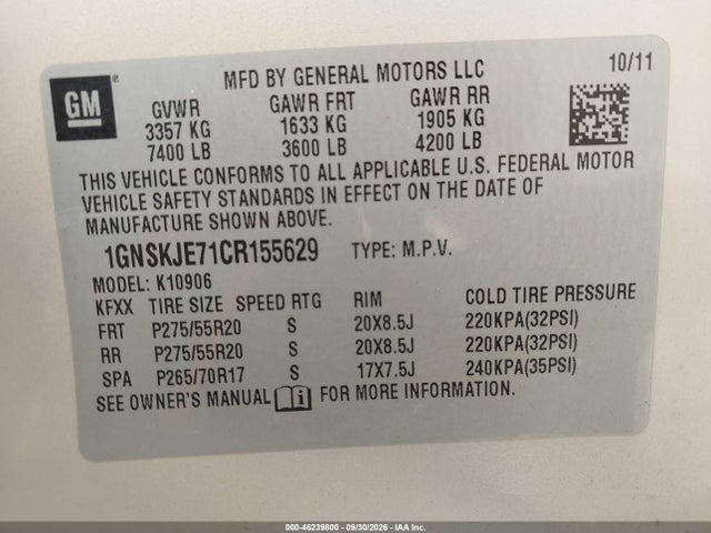 46239800 :رقم المزاد ، 1GNSKJE71CR155629 vin ، 2012 Chevrolet Suburban 1500 Lt مزاد بيع