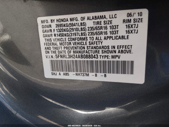 46239820 :رقم المزاد ، 5FNRL3H24AB088043 vin ، 2010 Honda Odyssey Lx مزاد بيع