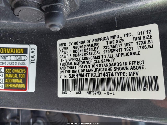 46239834 :رقم المزاد ، 5J6RM4H71CL014474 vin ، 2012 Honda Cr-v Ex-l مزاد بيع