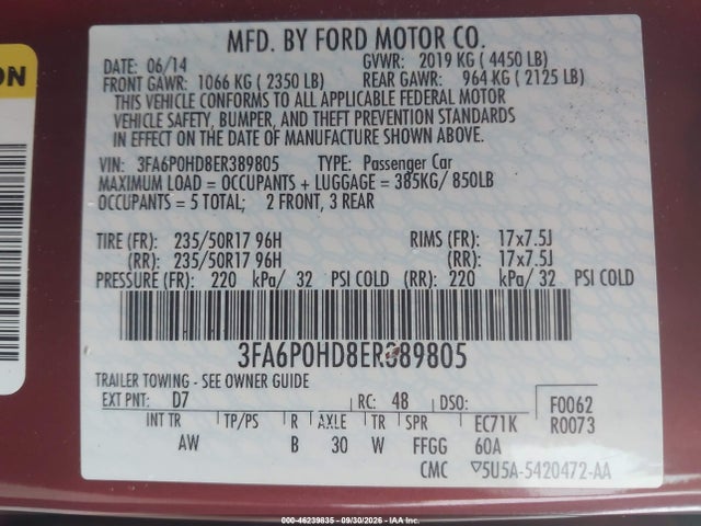 Продаж на аукціоні авто 2014 Ford Fusion Se, vin: 3FA6P0HD8ER389805, номер лоту: 46239835