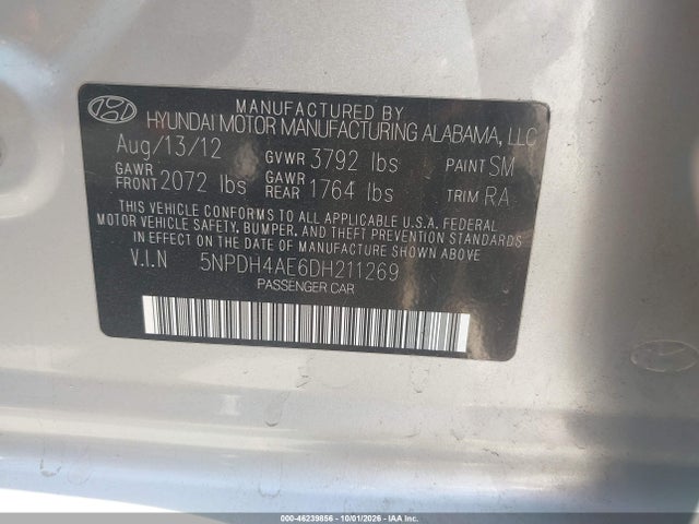 2013 Hyundai Elantra Gls მანქანა იყიდება აუქციონზე, vin: 5NPDH4AE6DH211269, აუქციონის ნომერი: 46239856