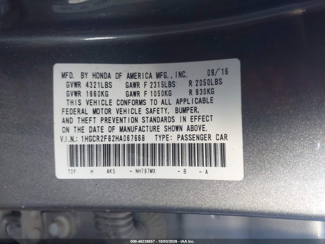 Продаж на аукціоні авто 2017 Honda Accord Ex-l, vin: 1HGCR2F82HA067668, номер лоту: 46239857