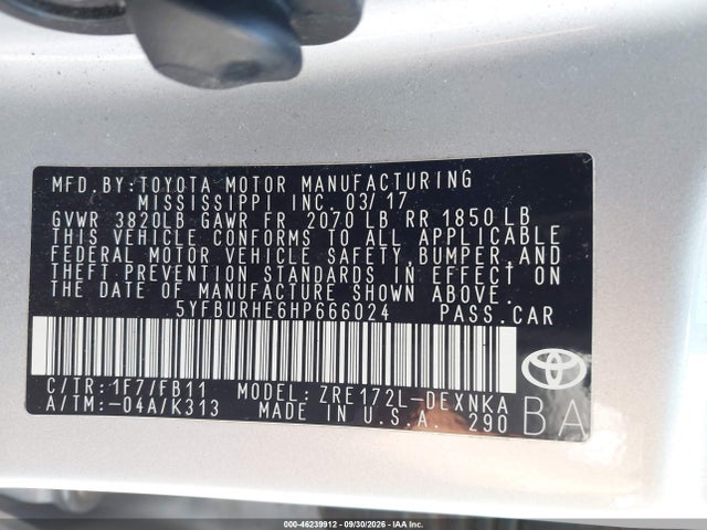 Продажа на аукционе авто 2017 Toyota Corolla Le, vin: 5YFBURHE6HP666024, номер лота: 46239912