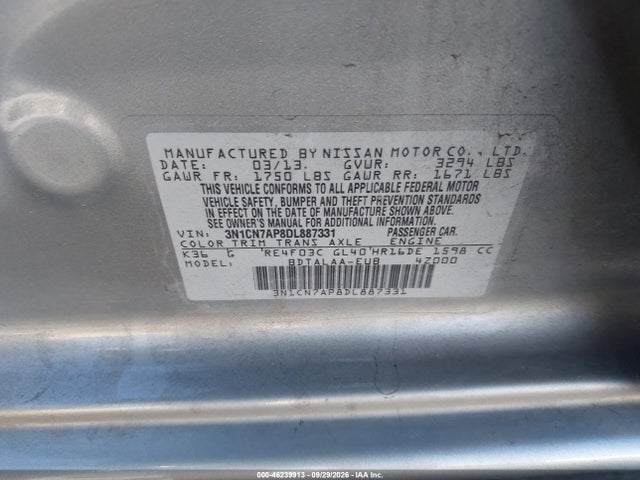 Продажа на аукционе авто 2013 Nissan Versa 1.6 S, vin: 3N1CN7AP8DL887331, номер лота: 46239913