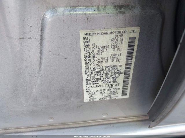 Продаж на аукціоні авто 2005 Nissan Pathfinder Se, vin: 5N1AR18W95C750605, номер лоту: 46239915
