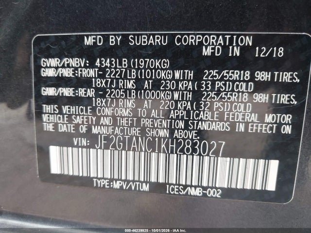 JF2GTANC1KH283027 Subaru Crosstrek 2.0i Limited