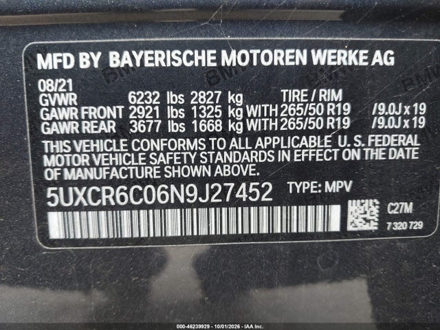 Продаж на аукціоні авто 2022 Bmw X5 Xdrive40i, vin: 5UXCR6C06N9J27452, номер лоту: 46239929