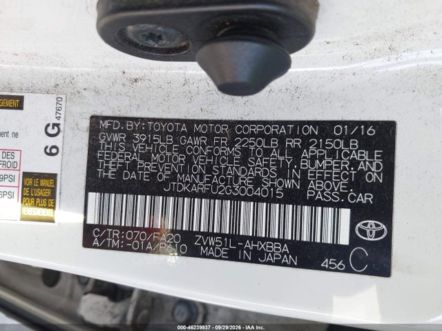 46239937 :رقم المزاد ، JTDKARFU2G3004015 vin ، 2016 Toyota Prius Two Eco مزاد بيع