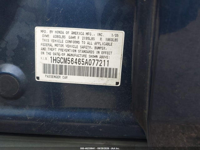 Aukcja sprzedaży 2005 Honda Accord 2.4 Lx, vin: 1HGCM56465A077211, numer aukcji: 46239941