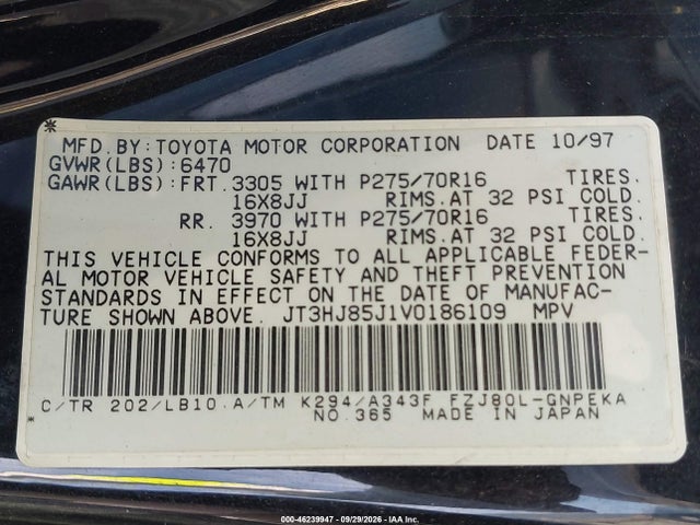 Aukcja sprzedaży 1997 Toyota Land Cruiser, vin: JT3HJ85J1V0186109, numer aukcji: 46239947