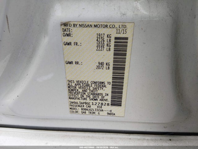 46239968 :رقم المزاد ، 1N4AL3AP8GC127828 vin ، 2016 Nissan Altima 2.5 Sv مزاد بيع
