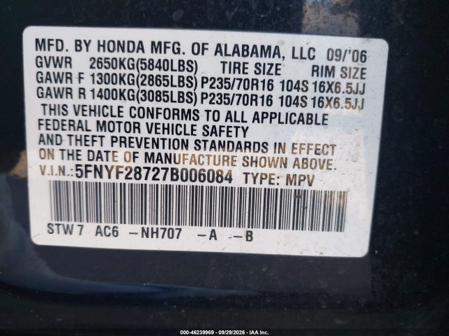 Aukcja sprzedaży 2007 Honda Pilot Ex-l, vin: 5FNYF28727B006084, numer aukcji: 46239969