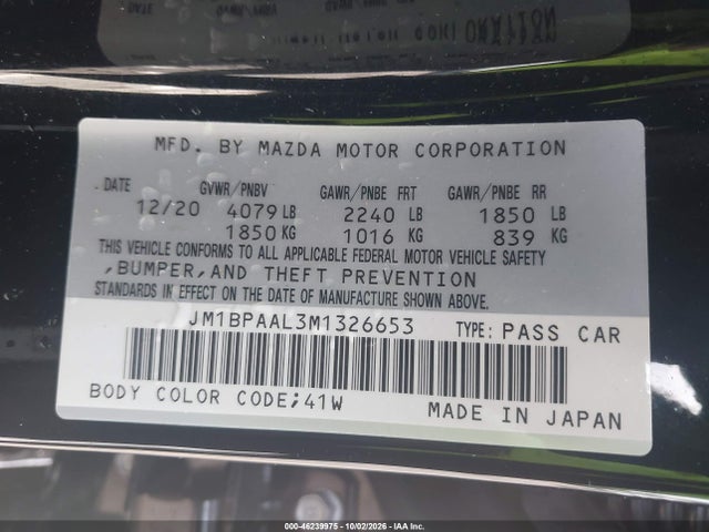 46239975 :رقم المزاد ، JM1BPAAL3M1326653 vin ، 2021 Mazda Mazda3 2.5 S مزاد بيع