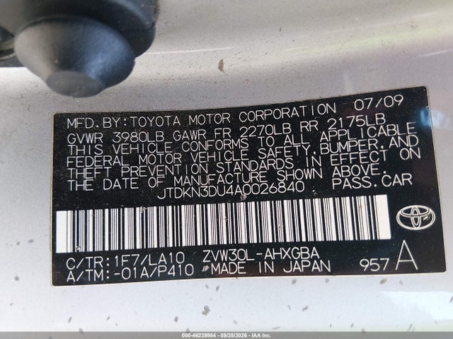 Aukcja sprzedaży 2010 Toyota Prius Iv, vin: JTDKN3DU4A0026840, numer aukcji: 46239984
