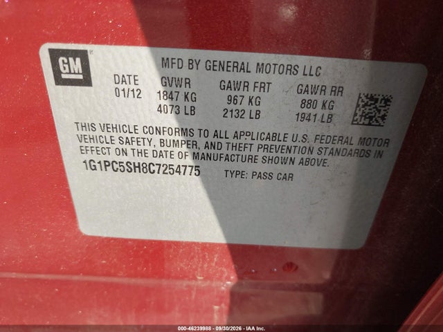 Aukcja sprzedaży 2012 Chevrolet Cruze Ls, vin: 1G1PC5SH8C7254775, numer aukcji: 46239988
