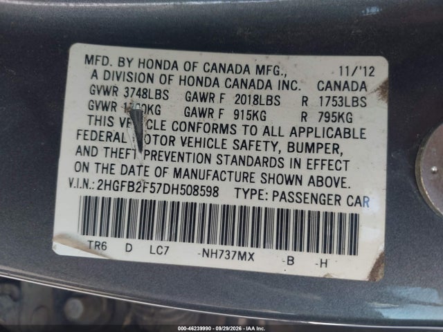 46239990 :رقم المزاد ، 2HGFB2F57DH508598 vin ، 2013 Honda Civic Lx مزاد بيع
