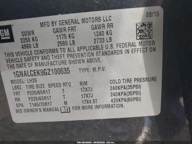 46240006 :رقم المزاد ، 1GNALCEK9GZ100635 vin ، 2016 Chevrolet Equinox Lt مزاد بيع
