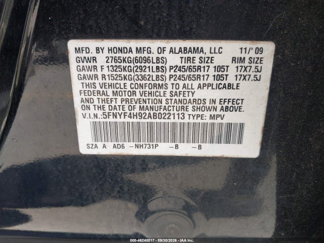 Продажа на аукционе авто 2010 Honda Pilot Touring, vin: 5FNYF4H92AB022113, номер лота: 46240017