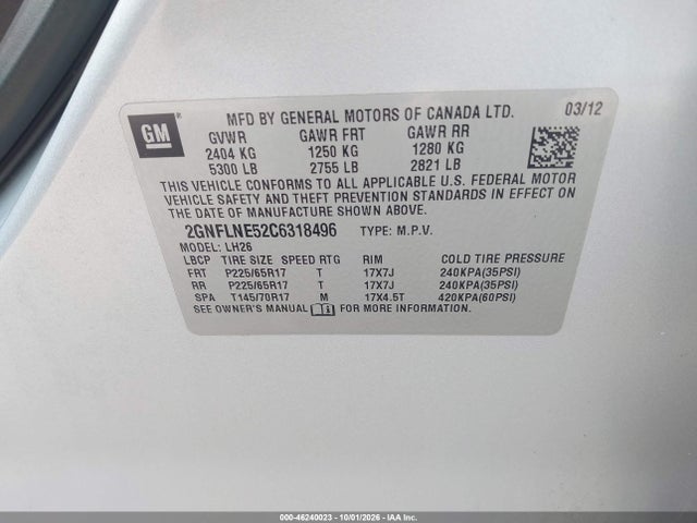 46240023 :رقم المزاد ، 2GNFLNE52C6318496 vin ، 2012 Chevrolet Equinox 2lt مزاد بيع