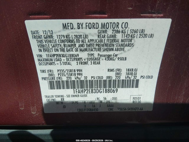 Aukcja sprzedaży 2013 Ford Taurus Sel, vin: 1FAHP2E83DG188069, numer aukcji: 46240026
