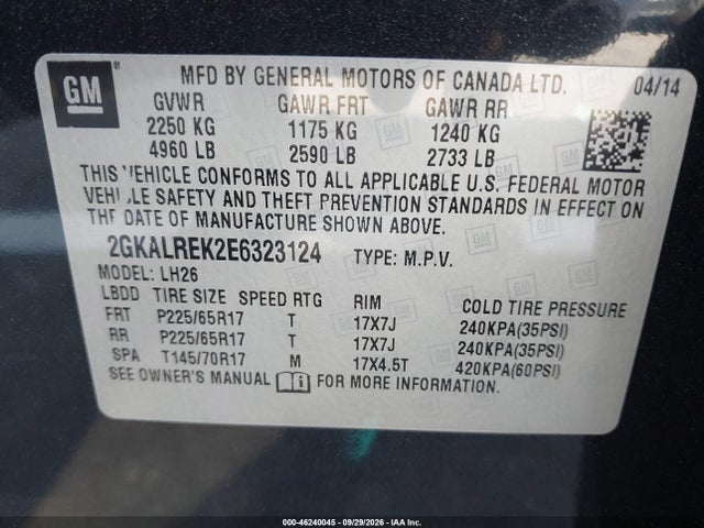 GMC Terrain Sle-2 2014 2GKALREK2E6323124 Image 9