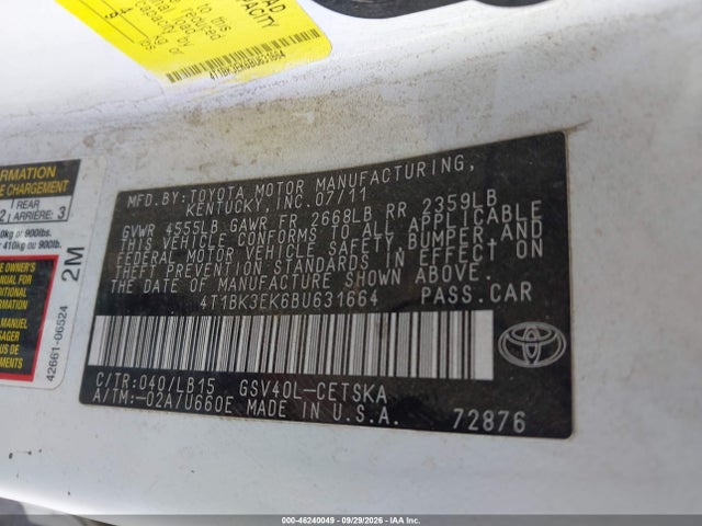 46240049 :رقم المزاد ، 4T1BK3EK6BU631664 vin ، 2011 Toyota Camry Se V6 مزاد بيع