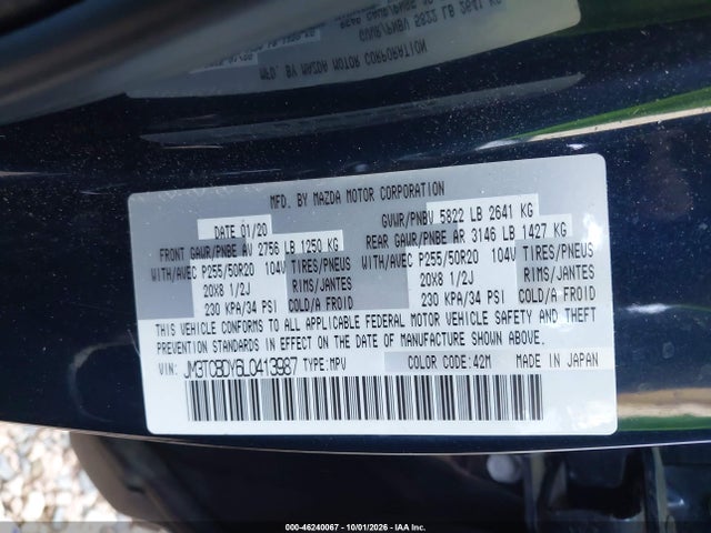 46240067 :رقم المزاد ، JM3TCBDY6L0413987 vin ، 2020 Mazda Cx-9 Grand Touring مزاد بيع