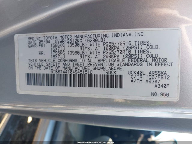 Продажа на аукционе авто 2004 Toyota Tundra Sr5 V8, vin: 5TBBT44104S451516, номер лота: 46240076