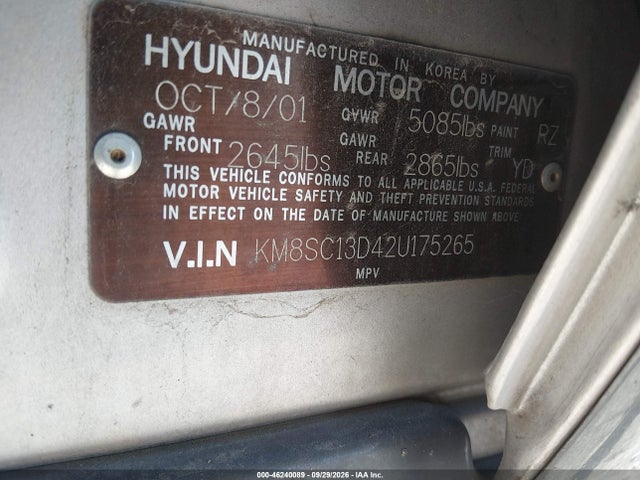 2002 Hyundai Santa Fe Gls/lx მანქანა იყიდება აუქციონზე, vin: KM8SC13D42U175265, აუქციონის ნომერი: 46240089