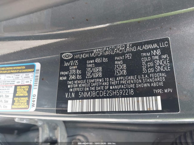 2025 Hyundai Tucson Sel მანქანა იყიდება აუქციონზე, vin: 5NMJBCDE2SH592218, აუქციონის ნომერი: 46240103
