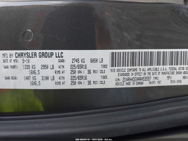 46240119 :رقم المزاد ، 2D4RN4DE0AR453597 vin ، 2010 Dodge Grand Caravan Se مزاد بيع