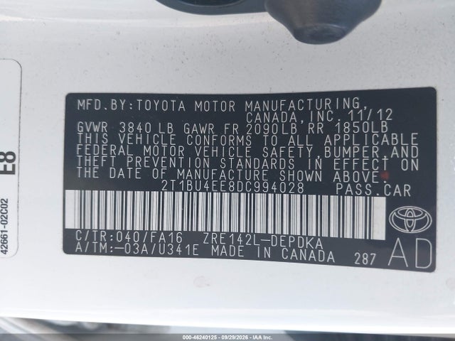 Продажа на аукционе авто 2013 Toyota Corolla L, vin: 2T1BU4EE8DC994028, номер лота: 46240125