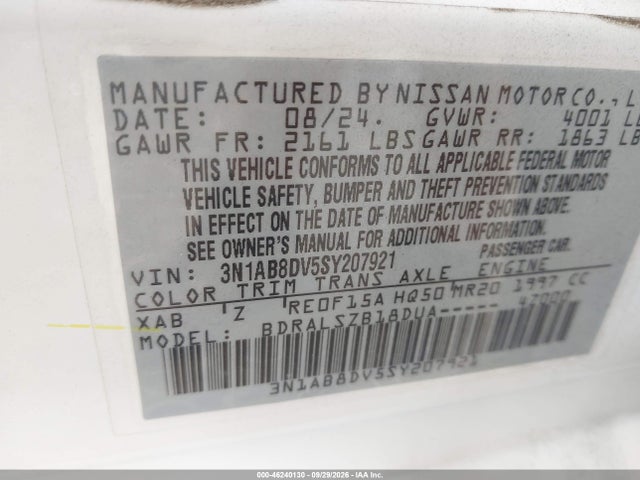 46240130 :رقم المزاد ، 3N1AB8DV5SY207921 vin ، 2025 Nissan Sentra Sr مزاد بيع
