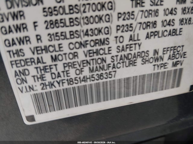 2004 Honda Pilot Ex-l მანქანა იყიდება აუქციონზე, vin: 2HKYF18514H536357, აუქციონის ნომერი: 46240143