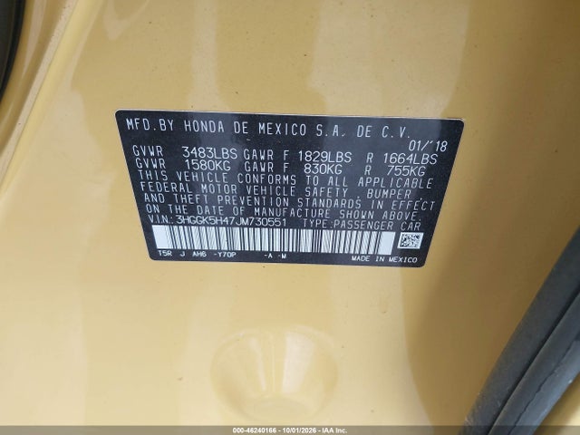 46240166 :رقم المزاد ، 3HGGK5H47JM730551 vin ، 2018 Honda Fit Lx مزاد بيع