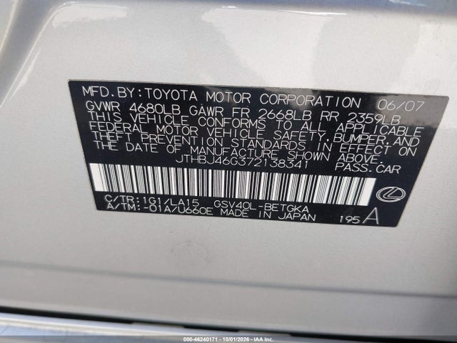 46240171 :رقم المزاد ، JTHBJ46G372138341 vin ، 2007 Lexus Es 350 مزاد بيع