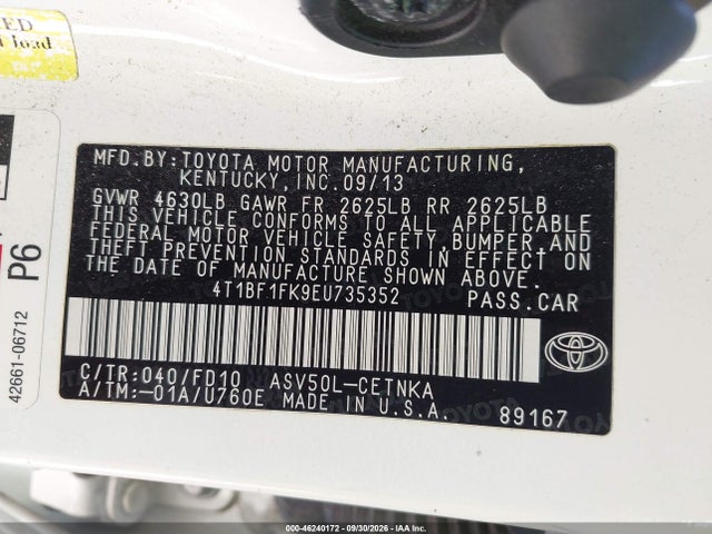 2014 Toyota Camry Le მანქანა იყიდება აუქციონზე, vin: 4T1BF1FK9EU735352, აუქციონის ნომერი: 46240172