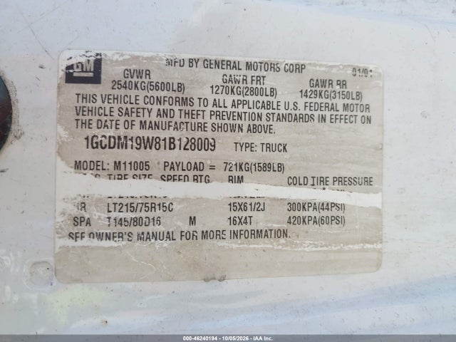 Aukcja sprzedaży 2001 Chevrolet Astro, vin: 1GCDM19W81B128009, numer aukcji: 46240194