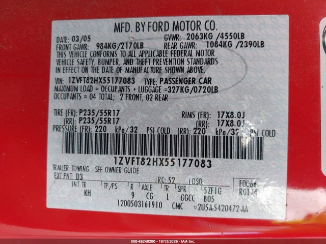 Продажа на аукционе авто 2005 Ford Mustang Gt Deluxe/gt Premium, vin: 1ZVFT82HX55177083, номер лота: 46240200