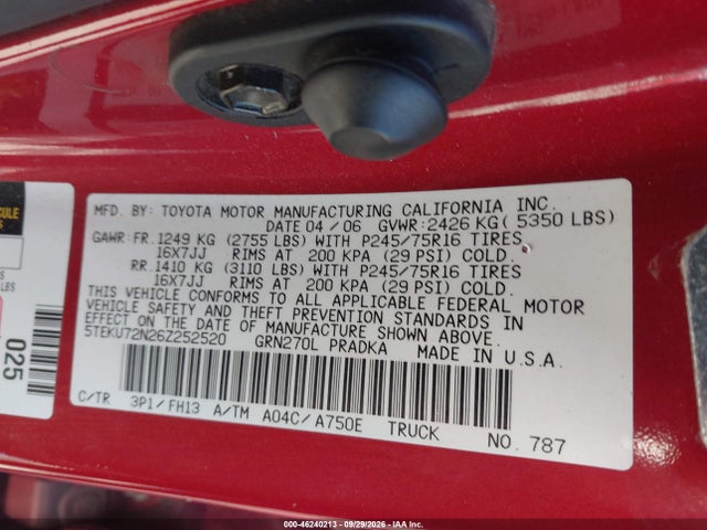 2006 Toyota Tacoma Prerunner V6 მანქანა იყიდება აუქციონზე, vin: 5TEKU72N26Z252520, აუქციონის ნომერი: 46240213