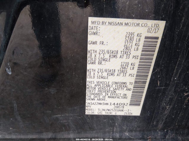 46240216 :رقم المزاد ، 5N1AZ2MH3HN144092 vin ، 2017 Nissan Murano S مزاد بيع