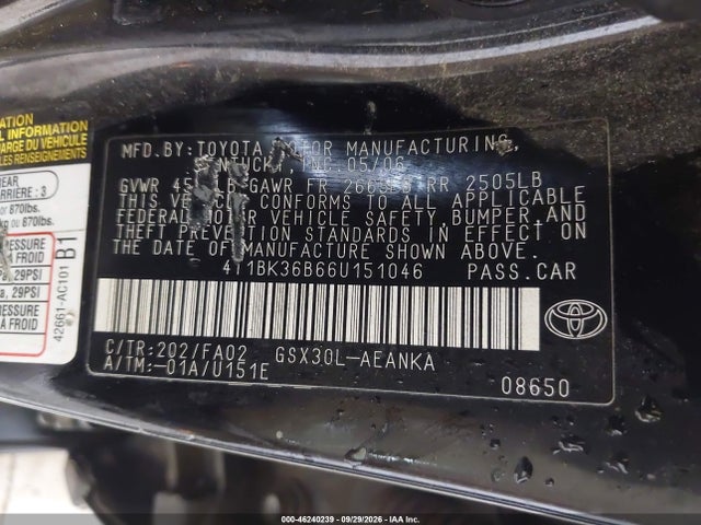 46240239 :رقم المزاد ، 4T1BK36B66U151046 vin ، 2006 Toyota Avalon Xl مزاد بيع
