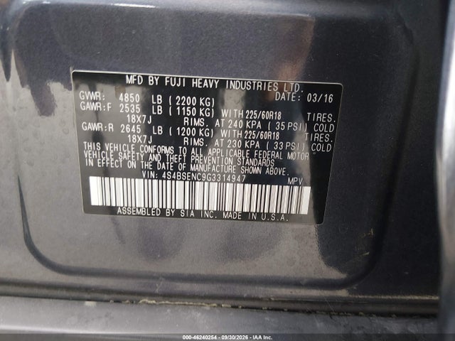 Aukcja sprzedaży 2016 Subaru Outback 3.6r Limited, vin: 4S4BSENC9G3314947, numer aukcji: 46240254