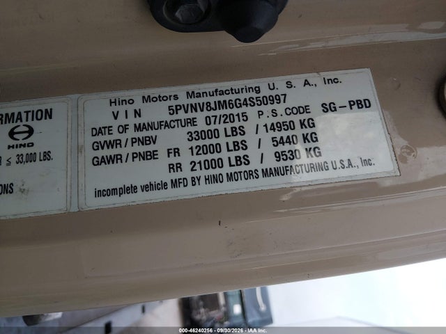2016 Hino Hino 338 მანქანა იყიდება აუქციონზე, vin: 5PVNV8JM6G4S50997, აუქციონის ნომერი: 46240256