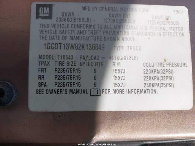 Auction sale of the 2002 Chevrolet S-10 Ls, vin: 1GCDT13W82K136849, lot number: 46240259