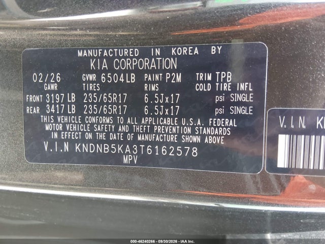 2026 Kia Carnival Mpv Hybrid Lxs მანქანა იყიდება აუქციონზე, vin: KNDNB5KA3T6162578, აუქციონის ნომერი: 46240266
