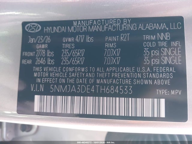 46240272 :رقم المزاد ، 5NMJA3DE4TH684533 vin ، 2026 Hyundai Tucson Se مزاد بيع