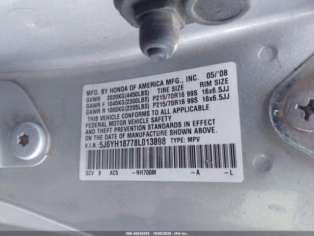 2008 Honda Element Ex მანქანა იყიდება აუქციონზე, vin: 5J6YH18778L013898, აუქციონის ნომერი: 46240302