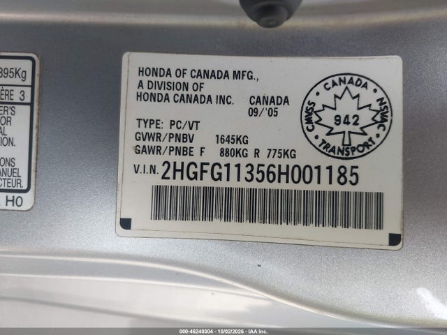 Aukcja sprzedaży 2006 Honda Civic Dx-g, vin: 2HGFG11356H001185, numer aukcji: 46240304