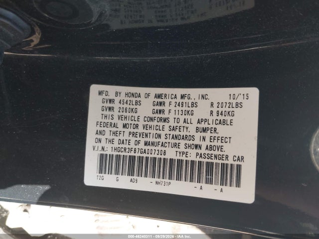 Aukcja sprzedaży 2016 Honda Accord Ex-l V-6, vin: 1HGCR3F87GA007308, numer aukcji: 46240311